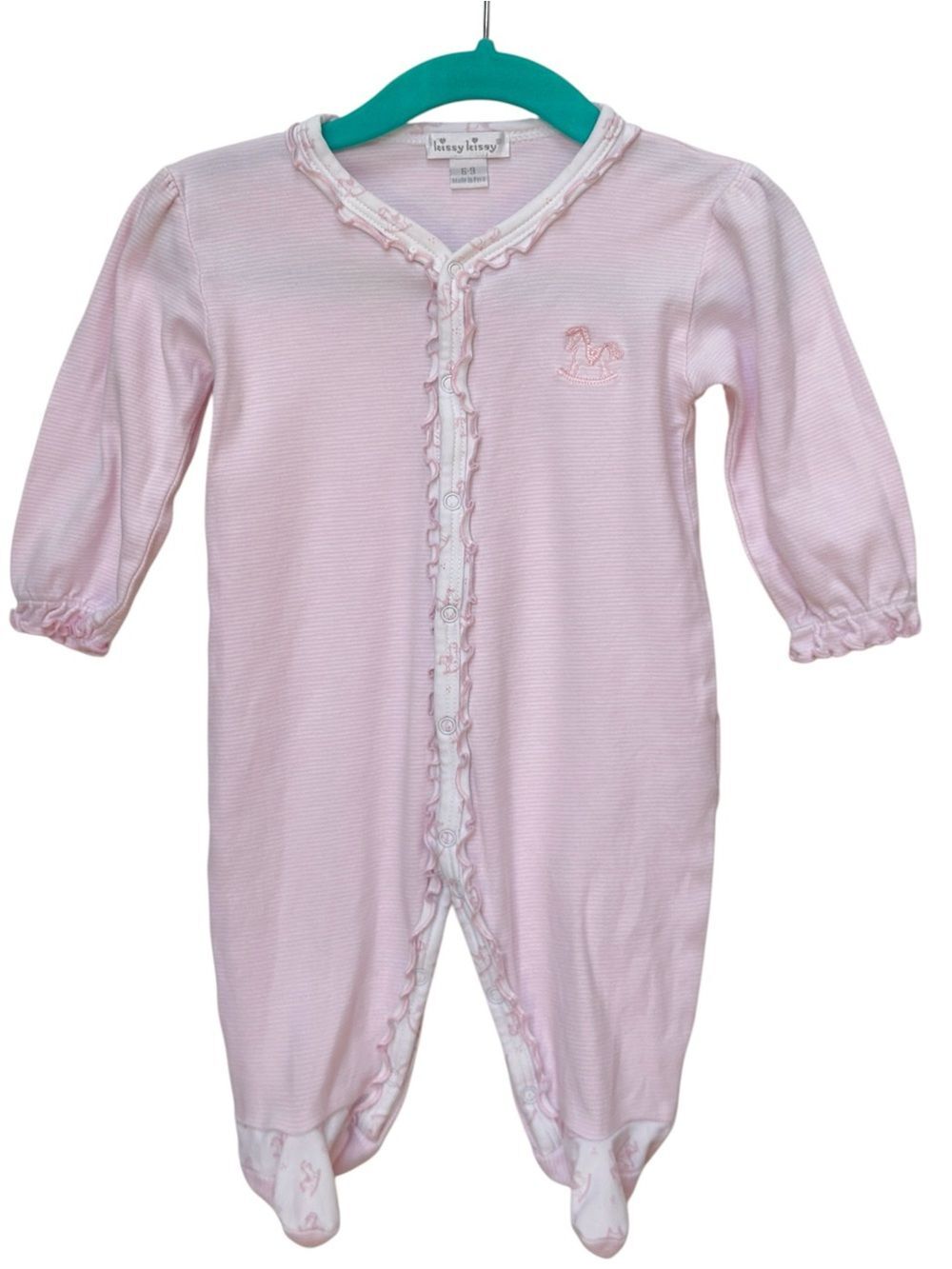 Kissy Kissy Baby Pink Stripe Rocking Horse One Piece Pima One Piece. 6-9 Months.